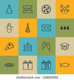 Set Of 16 Happy New Year Icons. Can Be Used For Web, Mobile, UI And Infographic Design. Includes Elements Such As Agenda, Sliced Pizza, Blank Ribbon And More.