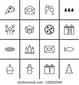 Set Of 16 Happy New Year Icons. Can Be Used For Web, Mobile, UI And Infographic Design. Includes Elements Such As Open Cardboard, Holiday Ornament, Birthday Cake And More.