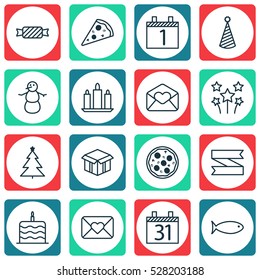 Set Of 16 Happy New Year Icons. Can Be Used For Web, Mobile, UI And Infographic Design. Includes Elements Such As Sweet, Open Cardboard, Decorated Tree And More.