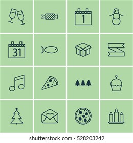 Set Of 16 Happy New Year Icons. Can Be Used For Web, Mobile, UI And Infographic Design. Includes Elements Such As Champagne Glasses, Crotchets, Winter And More.