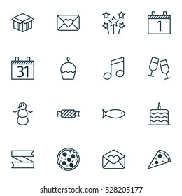 Set Of 16 Happy New Year Icons. Can Be Used For Web, Mobile, UI And Infographic Design. Includes Elements Such As Celebration Cake, Date, Festive Fireworks And More.