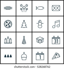 Set Of 16 Happy New Year Icons. Can Be Used For Web, Mobile, UI And Infographic Design. Includes Elements Such As Fishing, Agenda, Crotchets And More.