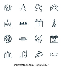 Set Of 16 Happy New Year Icons. Can Be Used For Web, Mobile, UI And Infographic Design. Includes Elements Such As Wax, Sweet, Birthday Hat And More.