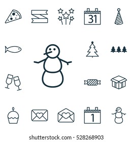 Set Of 16 Happy New Year Icons. Can Be Used For Web, Mobile, UI And Infographic Design. Includes Elements Such As Date, Fishing, Blank Ribbon And More.