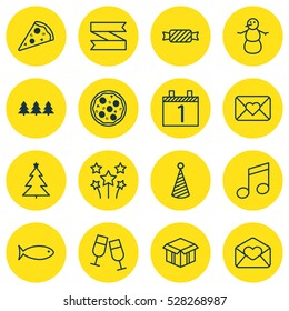 Set Of 16 Happy New Year Icons. Can Be Used For Web, Mobile, UI And Infographic Design. Includes Elements Such As Birthday Hat, Fishing, Holiday Ornament And More.