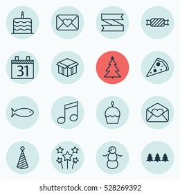 Set Of 16 Happy New Year Icons. Can Be Used For Web, Mobile, UI And Infographic Design. Includes Elements Such As Winter, Date, Open Cardboard And More.