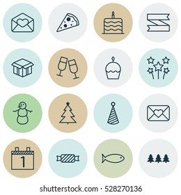 Set Of 16 Happy New Year Icons. Can Be Used For Web, Mobile, UI And Infographic Design. Includes Elements Such As Birthday Hat, Fishing, Sweet And More.
