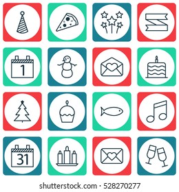 Set Of 16 Happy New Year Icons. Can Be Used For Web, Mobile, UI And Infographic Design. Includes Elements Such As Crotchets, Agenda, Birthday Cake And More.