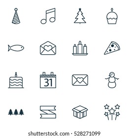 Set Of 16 Happy New Year Icons. Can Be Used For Web, Mobile, UI And Infographic Design. Includes Elements Such As Festive Fireworks, Decorated Tree, Birthday Cake And More. Set Of 16 Happy New Year Icons. Can Be Used For Web, Mobile, UI And Infographic Design. Includes Elements Such As Festive Fireworks, Decorated Tree, Birthday Cake And More.