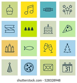Set Of 16 Happy New Year Icons. Can Be Used For Web, Mobile, UI And Infographic Design. Includes Elements Such As Holiday Ornament, Pizza Meal, Celebration Cake And More.