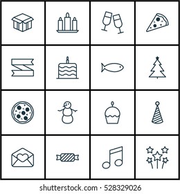 Set Of 16 Happy New Year Icons. Can Be Used For Web, Mobile, UI And Infographic Design. Includes Elements Such As Birthday Cake, Birthday Hat, Blank Ribbon And More.