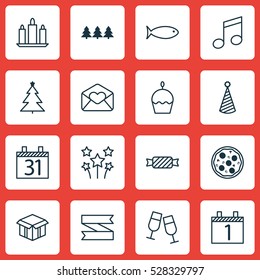 Set Of 16 Happy New Year Icons. Can Be Used For Web, Mobile, UI And Infographic Design. Includes Elements Such As Sweet, Festive Fireworks, Decorated Tree And More.