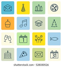 Set Of 16 Happy New Year Icons. Can Be Used For Web, Mobile, UI And Infographic Design. Includes Elements Such As Wax, Open Cardboard, Celebration Letter And More.