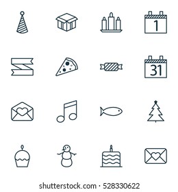 Set Of 16 Happy New Year Icons. Can Be Used For Web, Mobile, UI And Infographic Design. Includes Elements Such As Greeting Email, Birthday Hat, Winter And More.