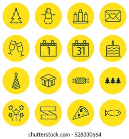 Set Of 16 Happy New Year Icons. Can Be Used For Web, Mobile, UI And Infographic Design. Includes Elements Such As Celebration Letter, Open Cardboard, Holiday Ornament And More.