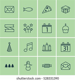 Set Of 16 Happy New Year Icons. Can Be Used For Web, Mobile, UI And Infographic Design. Includes Elements Such As Birthday Cake, Sliced Pizza, Sweet And More.