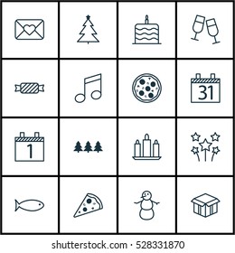 Set Of 16 Happy New Year Icons. Can Be Used For Web, Mobile, UI And Infographic Design. Includes Elements Such As Sweet, Wax, Sliced Pizza And More.