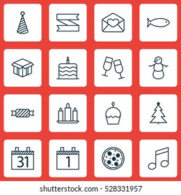 Set Of 16 Happy New Year Icons. Can Be Used For Web, Mobile, UI And Infographic Design. Includes Elements Such As Winter, Open Cardboard, Agenda And More.