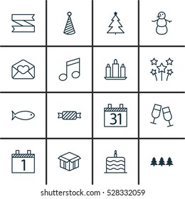 Set Of 16 Happy New Year Icons. Can Be Used For Web, Mobile, UI And Infographic Design. Includes Elements Such As Festive Fireworks, Sweet, Crotchets And More.