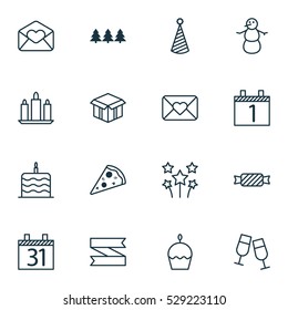 Set Of 16 Happy New Year Icons. Can Be Used For Web, Mobile, UI And Infographic Design. Includes Elements Such As Birthday Cake, Wax, Greeting Email And More.