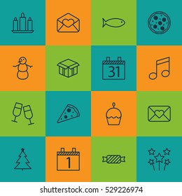 Set Of 16 Happy New Year Icons. Can Be Used For Web, Mobile, UI And Infographic Design. Includes Elements Such As Birthday Cake, Winter, Festive Fireworks And More.