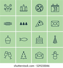 Set Of 16 Happy New Year Icons. Can Be Used For Web, Mobile, UI And Infographic Design. Includes Elements Such As Celebration Letter, Wax, Sweet And More.