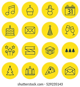 Set Of 16 Happy New Year Icons. Can Be Used For Web, Mobile, UI And Infographic Design. Includes Elements Such As Crotchets, Birthday Hat, Winter And More.