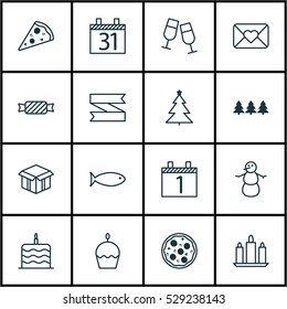 Set Of 16 Happy New Year Icons. Can Be Used For Web, Mobile, UI And Infographic Design. Includes Elements Such As Celebration Letter, Birthday Cake, Blank Ribbon And More.