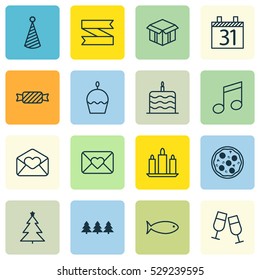 Set Of 16 Happy New Year Icons. Can Be Used For Web, Mobile, UI And Infographic Design. Includes Elements Such As Pizza Meal, Holiday Ornament, Sweet And More.