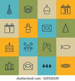 Set Of 16 Happy New Year Icons. Can Be Used For Web, Mobile, UI And Infographic Design. Includes Elements Such As Birthday Hat, Birthday Cake, Celebration Cake And More.