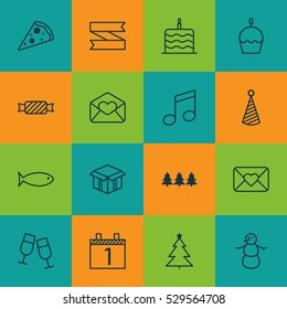 Set Of 16 Happy New Year Icons. Can Be Used For Web, Mobile, UI And Infographic Design. Includes Elements Such As Blank Ribbon, Decorated Tree, Open Cardboard And More.