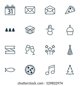 Set Of 16 Happy New Year Icons. Can Be Used For Web, Mobile, UI And Infographic Design. Includes Elements Such As Greeting Email, Celebration Letter, Holiday Ornament And More.