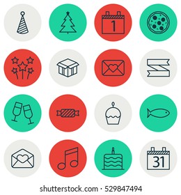 Set Of 16 Happy New Year Icons. Can Be Used For Web, Mobile, UI And Infographic Design. Includes Elements Such As Pizza Meal, Festive Fireworks, Date And More.