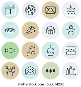 Set Of 16 Happy New Year Icons. Can Be Used For Web, Mobile, UI And Infographic Design. Includes Elements Such As Open Cardboard, Crotchets, Blank Ribbon And More.