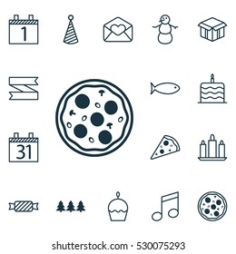 Set Of 16 Happy New Year Icons. Can Be Used For Web, Mobile, UI And Infographic Design. Includes Elements Such As Pizza Meal, Blank Ribbon, Fishing And More.