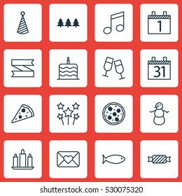 Set Of 16 Happy New Year Icons. Can Be Used For Web, Mobile, UI And Infographic Design. Includes Elements Such As Sliced Pizza, Celebration Cake, Fishing And More.