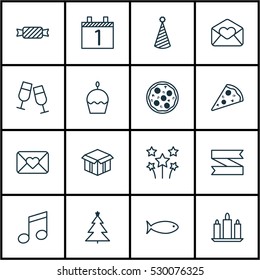 Set Of 16 Happy New Year Icons. Can Be Used For Web, Mobile, UI And Infographic Design. Includes Elements Such As Festive Fireworks, Decorated Tree, Wax And More.