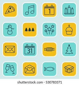 Set Of 16 Happy New Year Icons. Can Be Used For Web, Mobile, UI And Infographic Design. Includes Elements Such As Winter, Wax, Date And More.