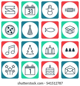 Set Of 16 Happy New Year Icons. Includes Date, Sweet, Holiday Ornament And Other Symbols. Beautiful Design Elements.