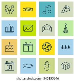 Set Of 16 Happy New Year Icons. Includes Agenda, Fishing, Sliced Pizza And Other Symbols. Beautiful Design Elements.