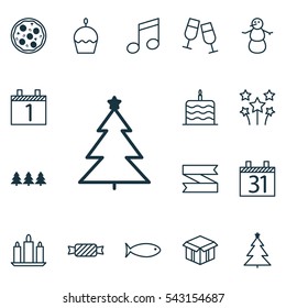Set Of 16 Happy New Year Icons. Includes Holiday Ornament, Agenda, Date And Other Symbols. Beautiful Design Elements.