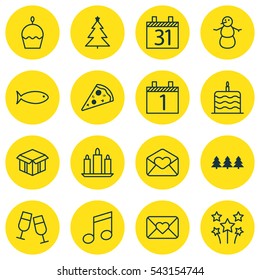 Set Of 16 Happy New Year Icons. Includes Decorated Tree, Birthday Cake, Greeting Email And Other Symbols. Beautiful Design Elements.