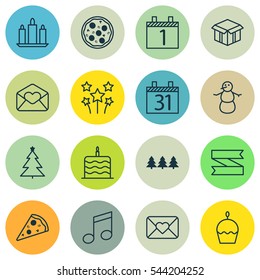 Set Of 16 Happy New Year Icons. Includes Holiday Ornament, Sliced Pizza, Date And Other Symbols. Beautiful Design Elements.