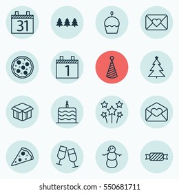 Set Of 16 Happy New Year Icons. Includes Sliced Pizza, Date, Winter And Other Symbols. Beautiful Design Elements.