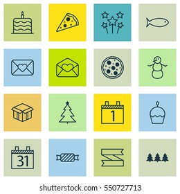 Set Of 16 Happy New Year Icons. Includes Sliced Pizza, Greeting Email, Pizza Meal And Other Symbols. Beautiful Design Elements.
