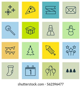 Set Of 16 Happy New Year Icons. Includes Blank Ribbon, Decorative Flags, Decorated Tree And Other Symbols. Beautiful Design Elements.