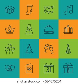 Set Of 16 Happy New Year Icons. Includes Date, Decorative Flags, Gift And Other Symbols. Beautiful Design Elements.