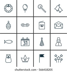 Set Of 16 Happy New Year Icons. Includes Date, Ringer, Celebration Card And Other Symbols. Beautiful Design Elements.