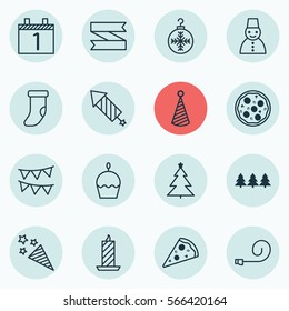 Set Of 16 Happy New Year Icons. Includes Firework, Decorative Flags, Celebrate Whistle And Other Symbols. Beautiful Design Elements.
