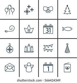 Set Of 16 Happy New Year Icons. Includes Star Snow, Decorated Tree, Date And Other Symbols. Beautiful Design Elements.